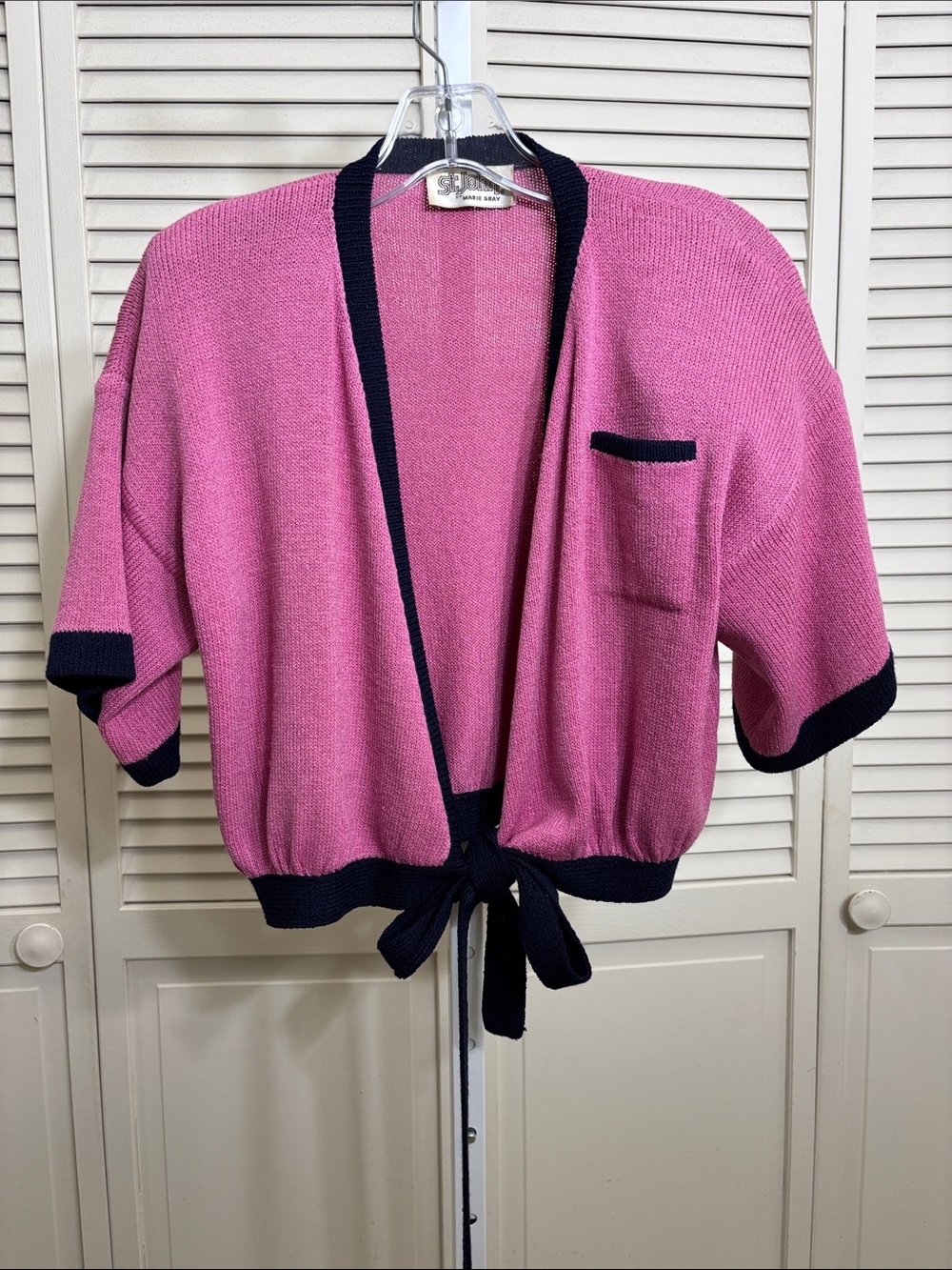 Vintage St. John Santana Knit Pink Wrap Tie-Waist Cardigan Navy Trim Medium